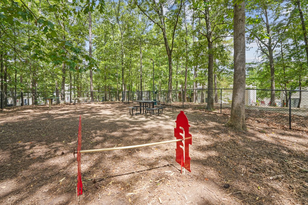 A red flag is stuck in the ground in a park at Regency Park Apartment Homes, Raleigh, North Carolina