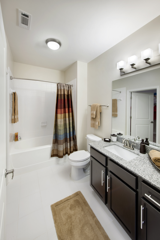Bathroom facing sink and shower with nickel brushed hardware and granite countertop