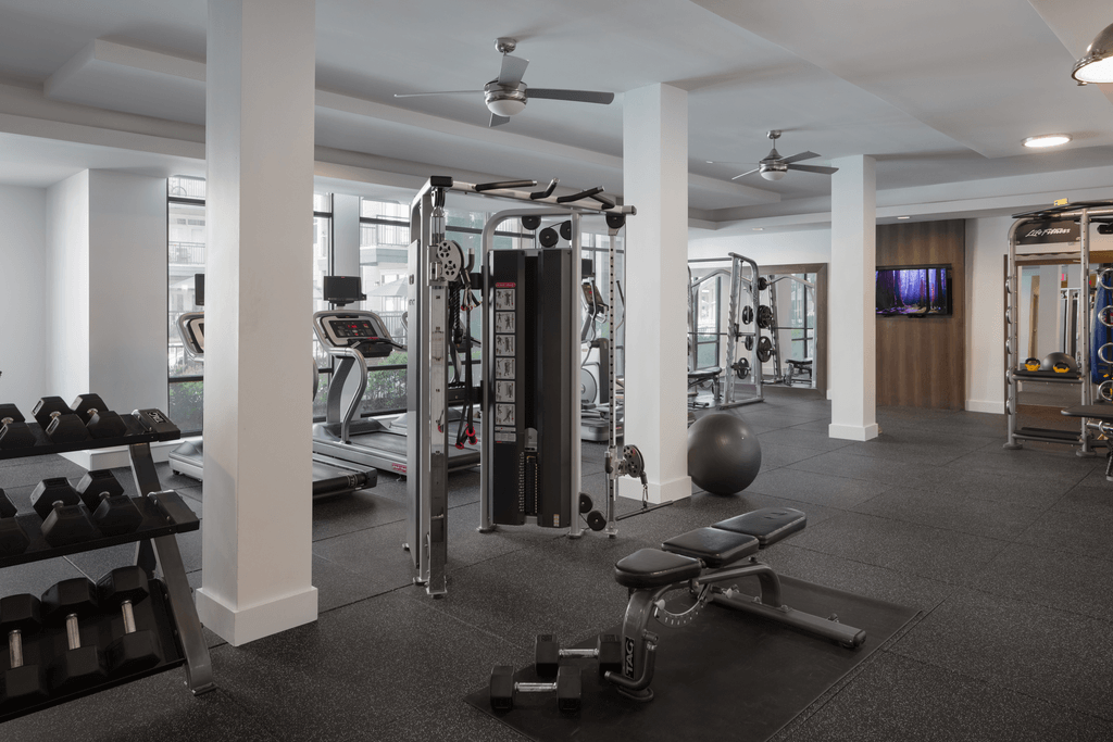 a gym with weights and other exercise equipment and a tv on the wall