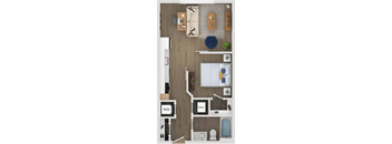 A floor plan of a small apartment with a living room, kitchen, and bathroom.