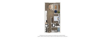 A 3D floor plan of a small apartment with a kitchen, living room, and bathroom.