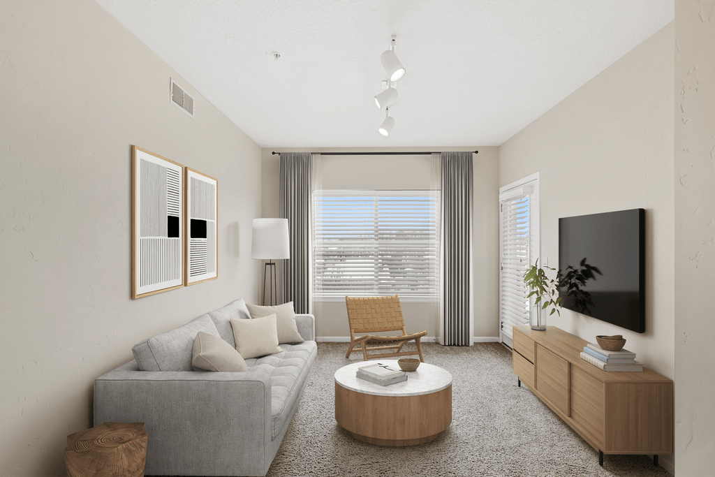 a living room with a couch and a coffee table