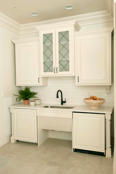 A white kitchen with a sink and a plant.