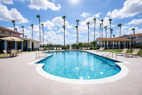 A large outdoor swimming pool surrounded by palm trees and lounge chairs.
