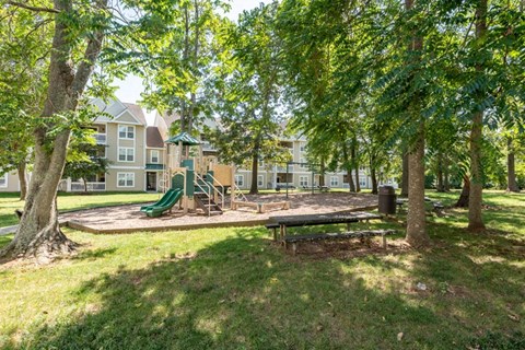A playground with a green slide and a wooden bench is surrounded by trees.
