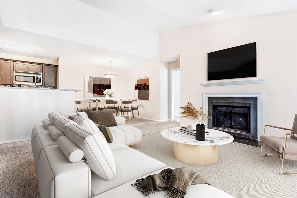 A modern living room with a fireplace and a television. at Southpark Commons Apartment Homes, Charlotte, NC, 28210