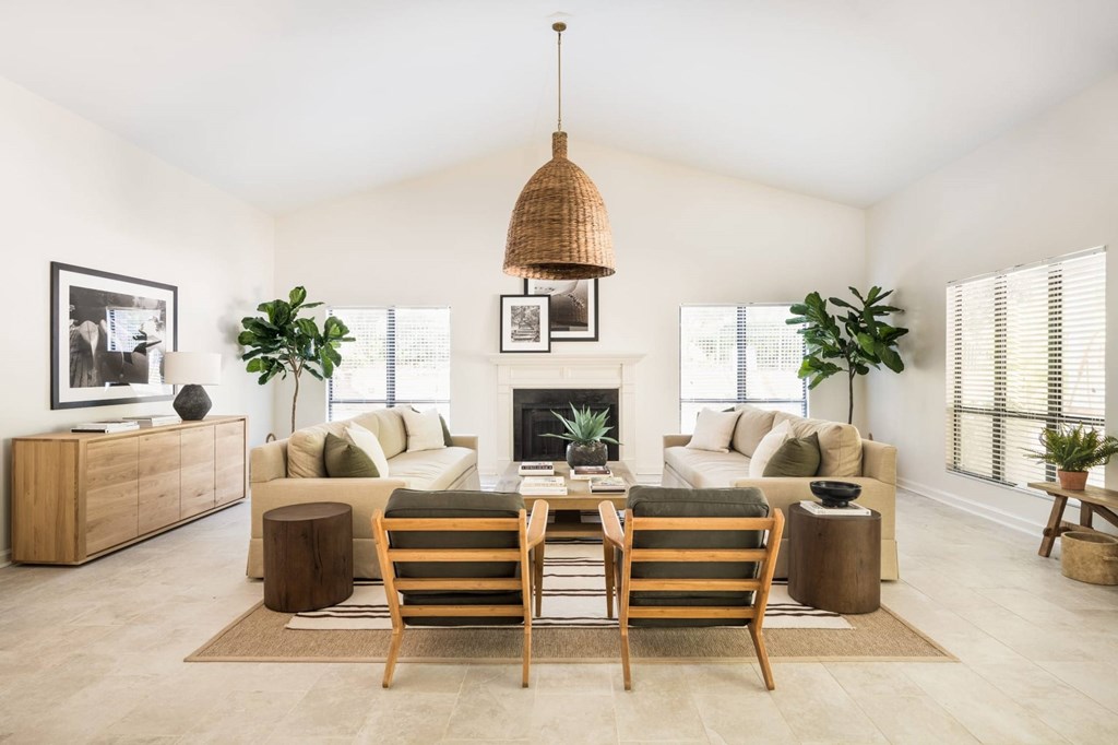 A living room with a fireplace and a large rug. at Southpark Commons Apartment Homes, North Carolina, 28210