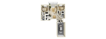 A top down view of a house with a kitchen, living room, and bedrooms.