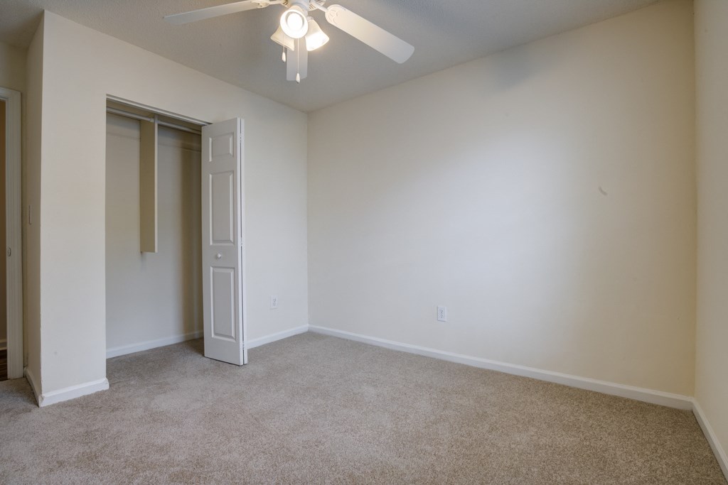 Living room and carpet with ceiling fan