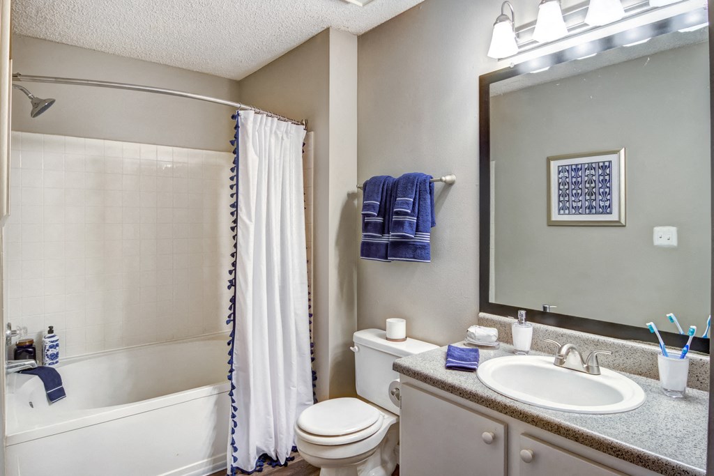 Staged bathroom with wood style flooring, gray walls, white vanity with granite style countertop, large vanity mirror, toilet, shower and tub with white tiles and white shower curtain.