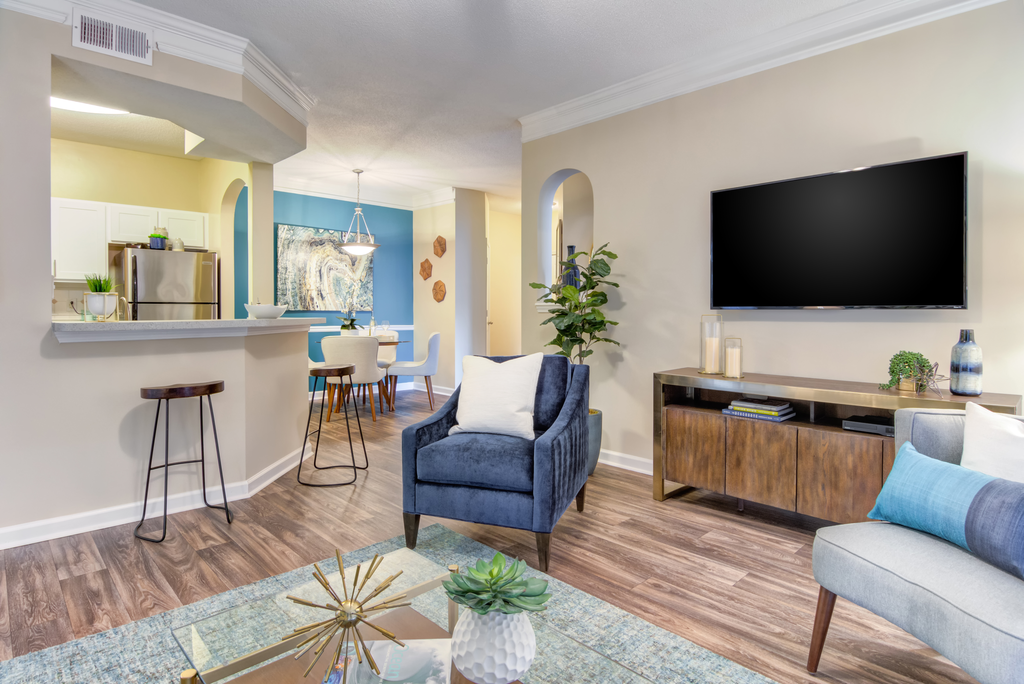 a living room with a couch and a chair and a television