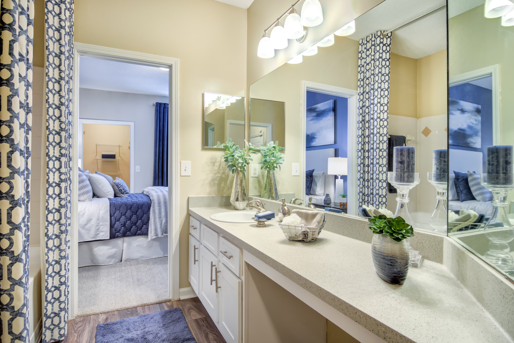 a bathroom with a large mirror and a sink