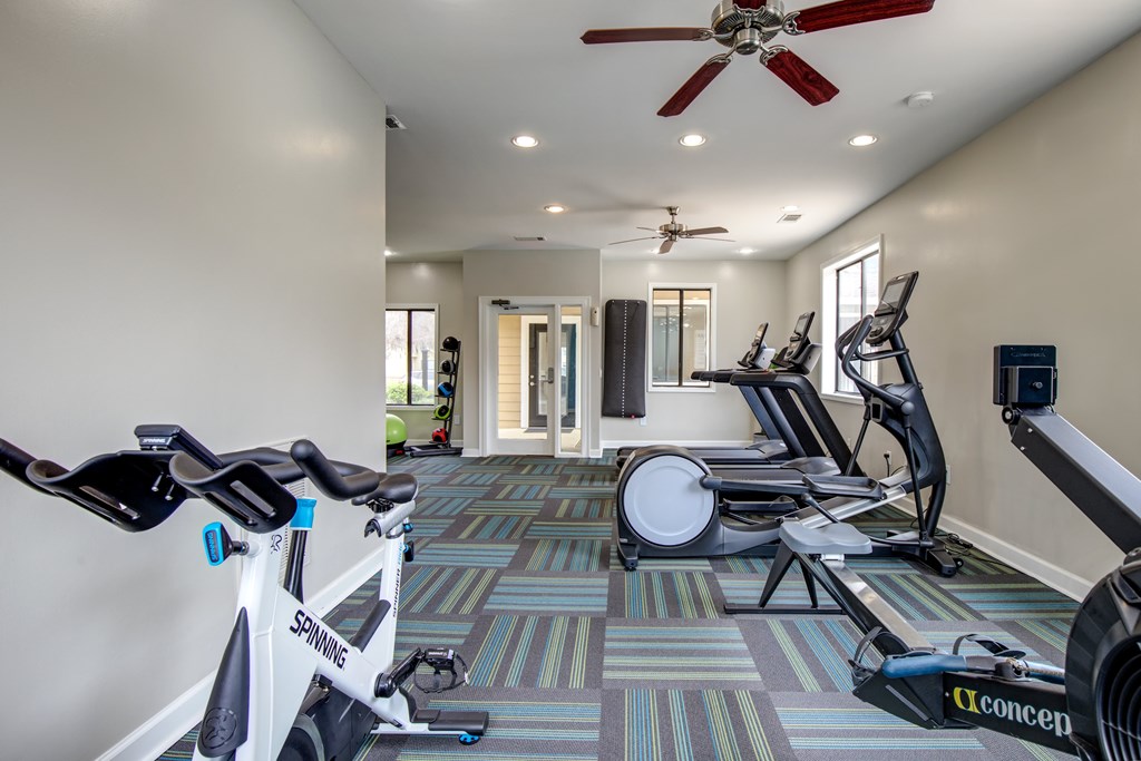 A room with a Spinning bike and a Concept 2 rowing machine.