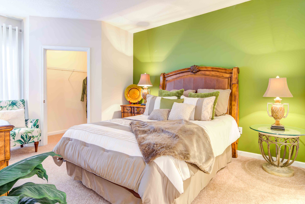 furnished bedroom with carpeted flooring and accent wall