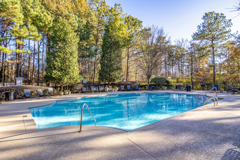 a swimming pool with trees in the background