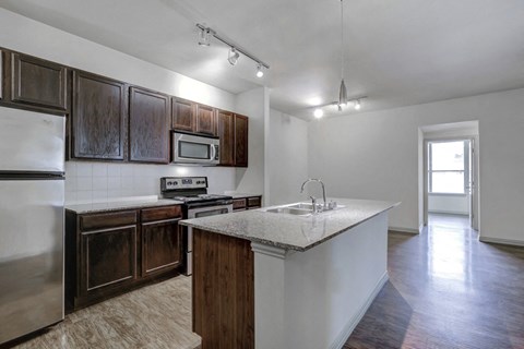 Open kitchen with wood style flooring, dark wood cabinetry, stainless appliances, granite countertops, double basin sink, track lighting and hanging bar top light