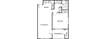 One bedroom floor plan with patio balcony at ReNue Downtown Apartments, Phoenix, AZ