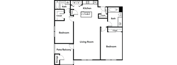 Two bedroom floor plan with dual bathrooms at ReNue Downtown Apartments, Phoenix, 85007