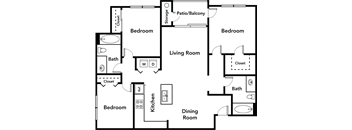 Three bedroom floor plan with dual bathrooms at ReNue Downtown Apartments, Phoenix, Arizona