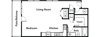 One bedroom apartment floor plan with closets at ReNue Downtown Apartments, Phoenix