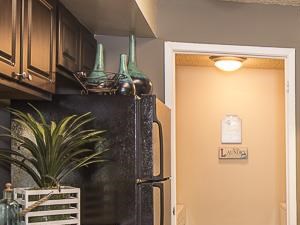 Model Kitchen with Brown Cabinets Black Appliances Grey Counters with Decorations