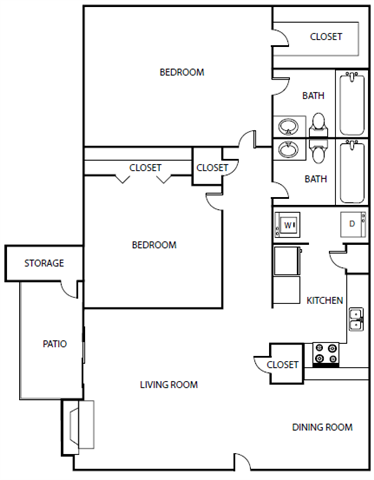 Two Bedroom Two Bathroom Floor Plan 911 Square Feet
