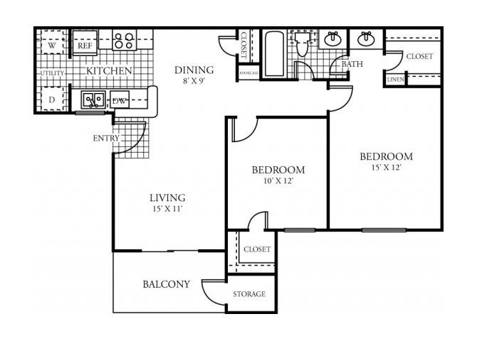 Two Bedroom One and a Half Bathroom Floor Plan 876 Square Feet