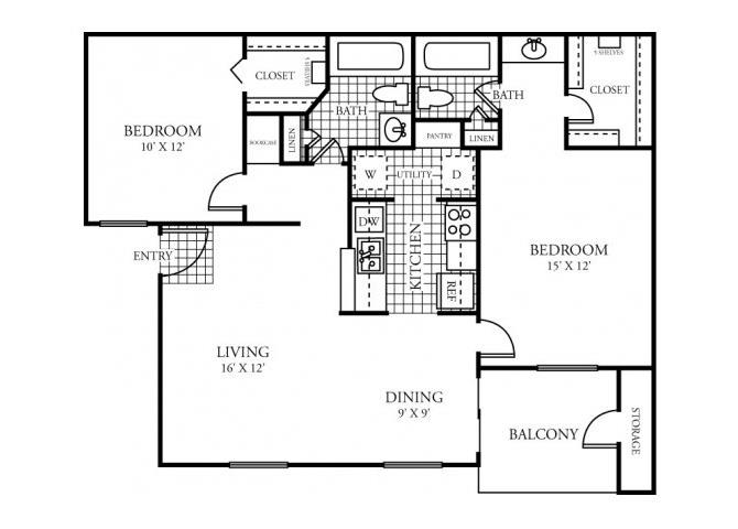 Two Bedroom Two Bathroom Floor Plan 982 Square Feet