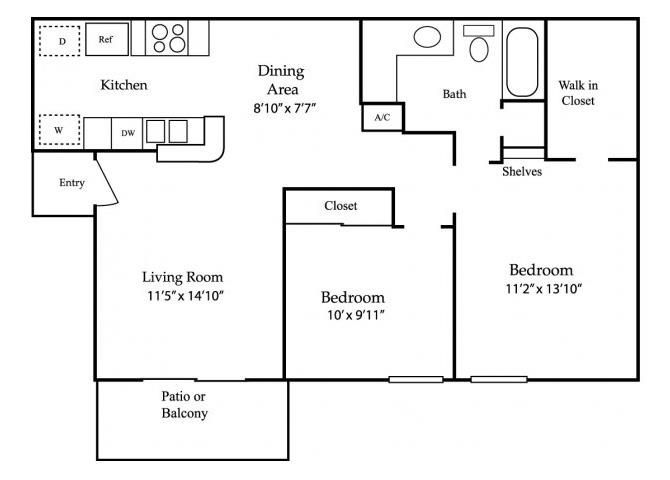 Two Bedroom One Bathroom Floor Plan 850 Square Feet
