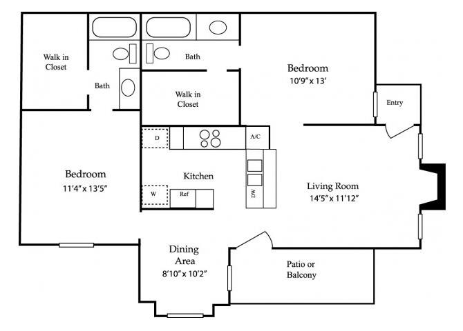 Two Bedroom Two Bathroom Floor Plan 965 Square Feet