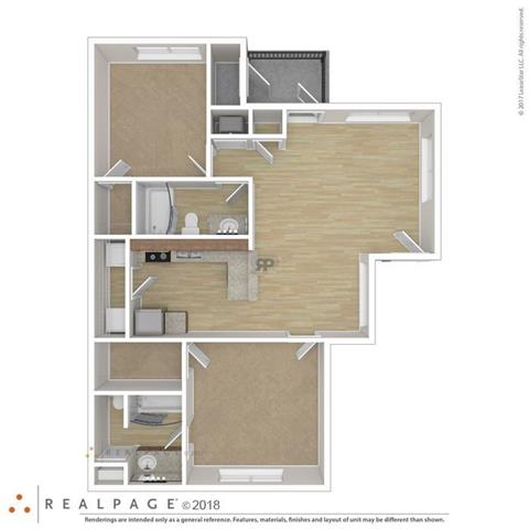 2 Bedroom 2 Bathroom 1016 Sqft Floor Plan at Las Villas De Leon Apartments, San Antonio, 78227