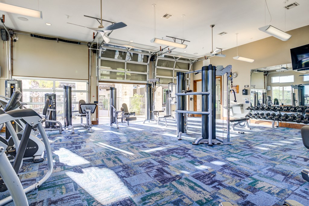 a gym with weights and cardio machines and a tv