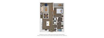 A floor plan of a small apartment with a kitchen, living room, and bathroom.