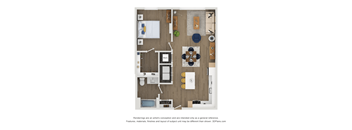 A floor plan of a house with a kitchen, living room, dining room, and bathrooms.