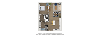 A floor plan of a kitchen and dining area with furniture layout.