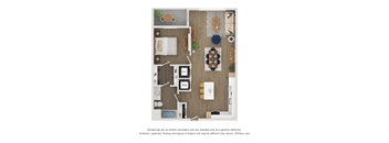 A floor plan of a house with a kitchen, living room, dining room, and bathroom.