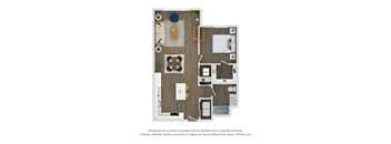 A floor plan of a house with a living room, dining room, kitchen, and two bedrooms.