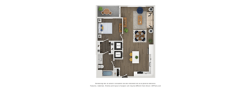 A floor plan of a house with a kitchen, living room, dining room, and bathroom.