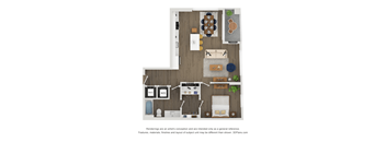 A floor plan of a kitchen and living room with furniture layout.