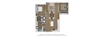 A floor plan of a house with a kitchen, living room, and dining area.