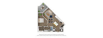 A floor plan of a house with a kitchen, living room, and two bedrooms.