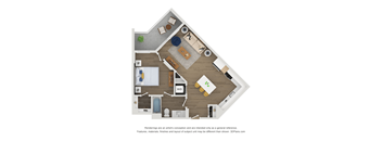 A floor plan of a house with a kitchen, living room, dining room, and bathroom.