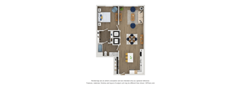 A floor plan of a house with a kitchen, living room, dining room, and bathroom.