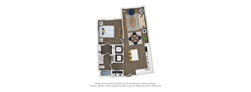 A floor plan of a house with a kitchen, living room, dining room, and two bedrooms.