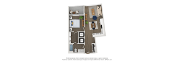 A floor plan of a house with a kitchen, living room, dining room, and bathroom.