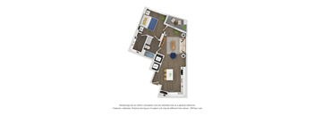 A floor plan of a house with a kitchen, living room, and two bedrooms.
