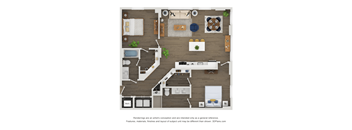 A floor plan of a house with a kitchen, living room, dining room, and two bedrooms.