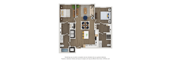A floor plan of a house with a kitchen, living room, dining room, and two bedrooms.