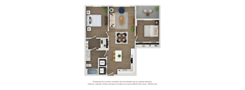 A floor plan of a house with a kitchen, living room, dining room, and bathrooms.