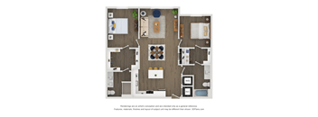 A floor plan of a house with a kitchen, living room, dining room, and two bedrooms.